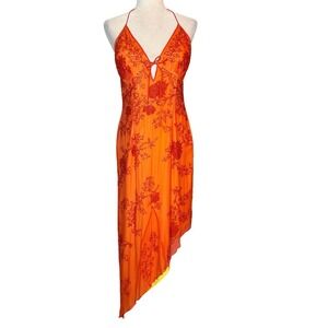 Cache Vintage Pure Silk Beaded Asymmetrical Halter Dress L Sheer Sunset Y2K